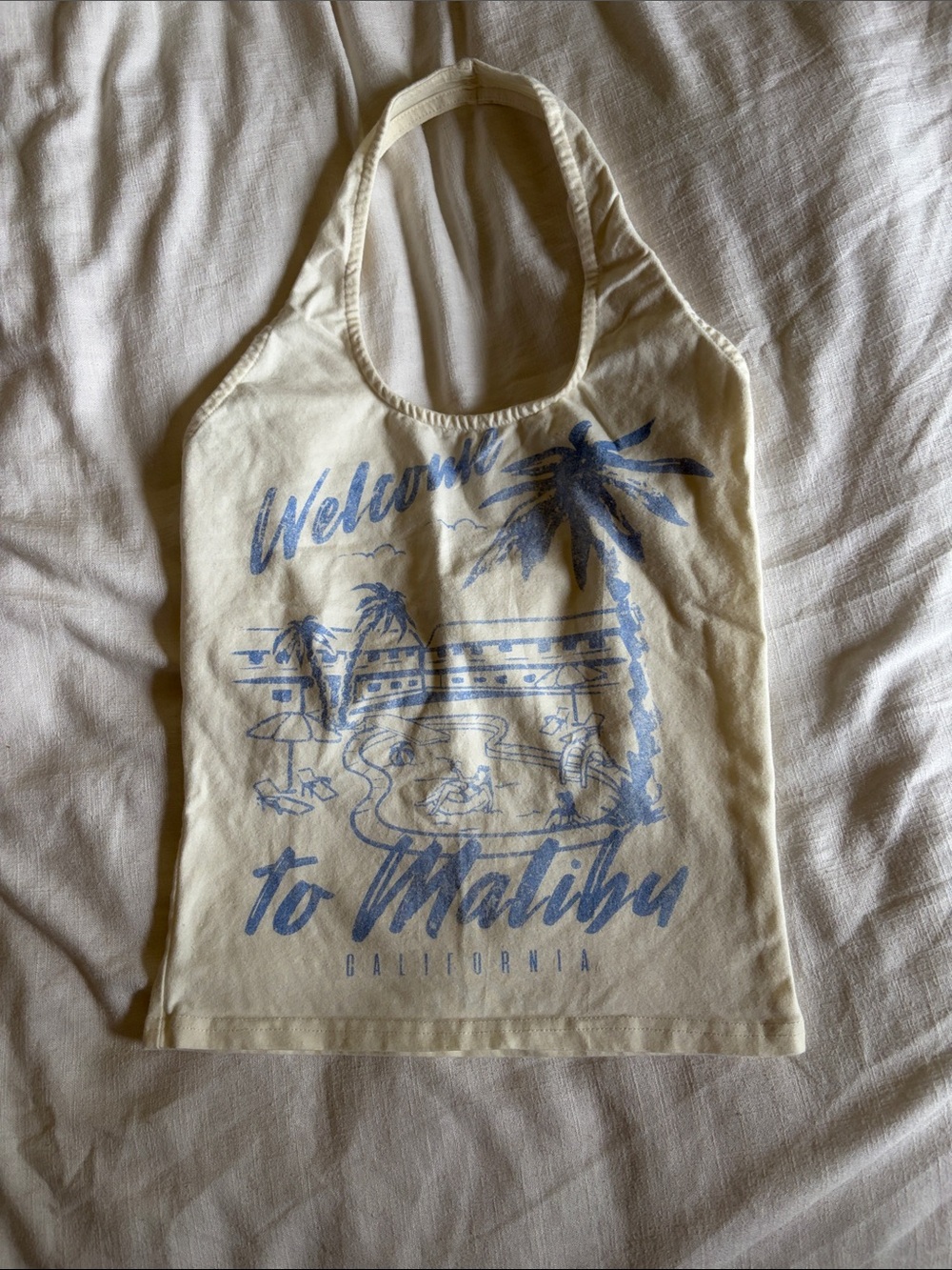 Cream Halter Graphic Tank Top with Blue Malibu Print